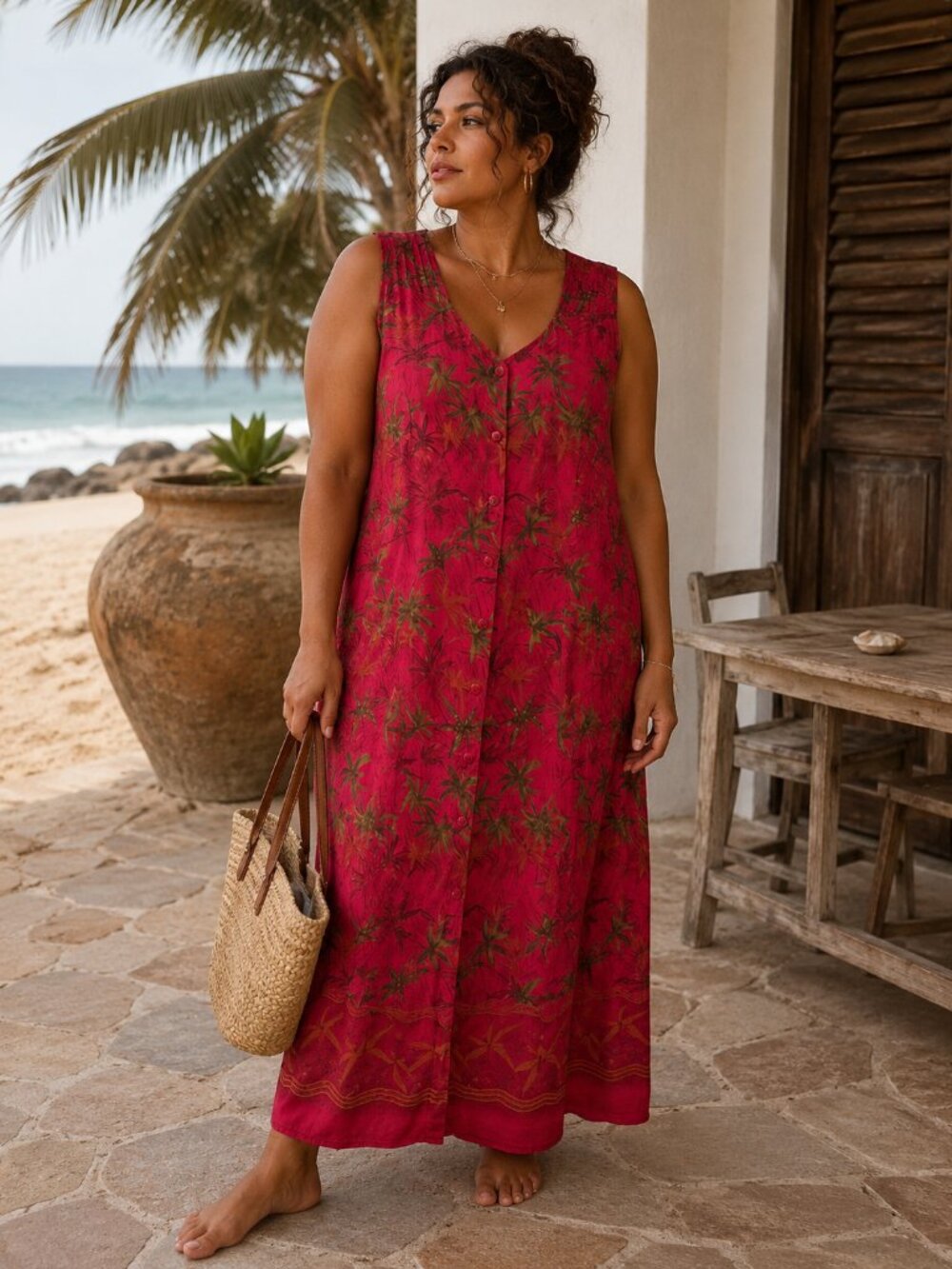 VTG 90s PENNINGTONS Tropical Palm Print Red Maxi Dress Flowy Vacation Summer L